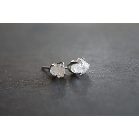 Sterling silver stud earrings, alternative diamond, uncut natural gemsto…